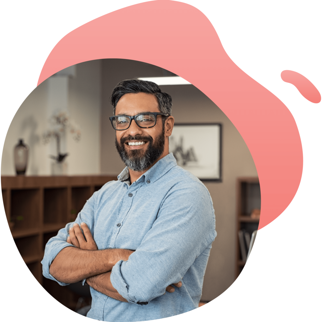 Man standing with arms crossed in a bubble cutout and pink bubble behind it