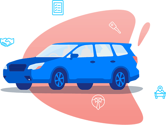 drawn car with icons and pink bubble