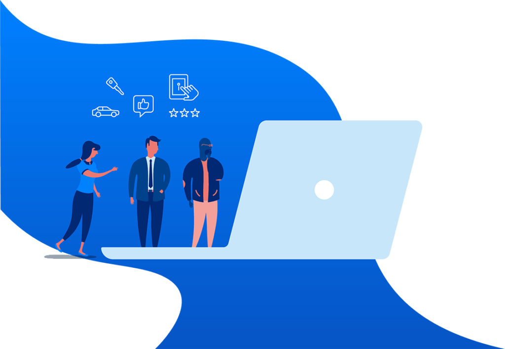 drawn people standing infront of laptop with a blue swoop background
