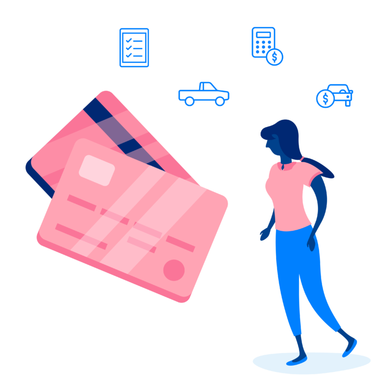 drawn person with over sized credit cards floating
